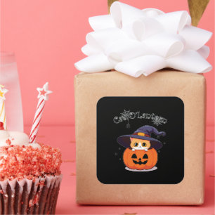 Sticker Carré Chat avec casquette sorcier à Halloween Jack-O-Lan