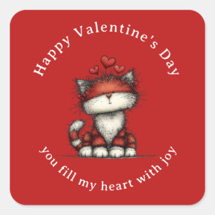 Sticker Carré Chat avec des cœurs d'amour rouges Mignon Fun Sain