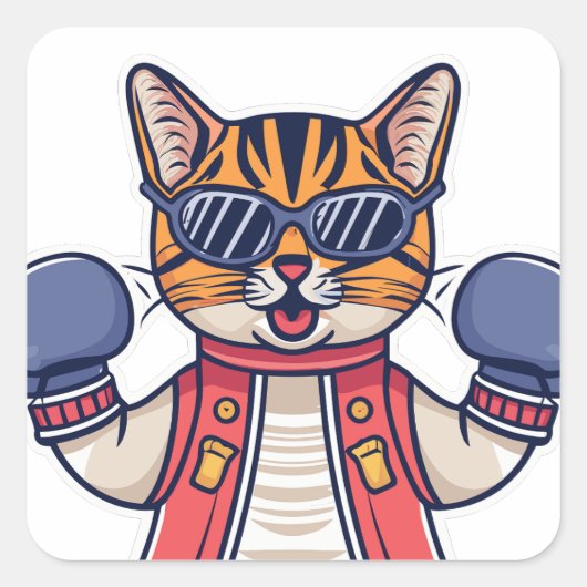 Sticker Carré Chat avec gants de boxe (Devant)