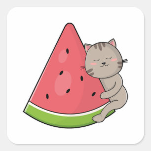 Sticker Carré Chat avec pastèque