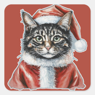 Sticker Carré Chat avec tenue du Père Noël - Noël 1