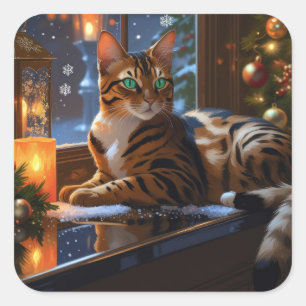 Sticker Carré Chat Bengal avec lumières de Noël pour les fêtes