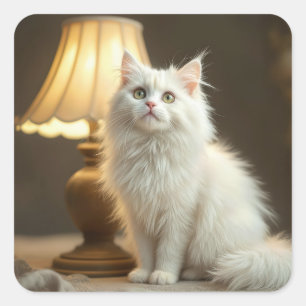 Sticker Carré Chat Blanc Assis Dans Lamplificateur Chaud