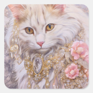 Sticker Carré Chat blanc élégant en or et diamants
