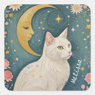 Sticker Carré Chat blanc enchanteur aux yeux verts