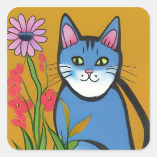 Sticker Carré Chat Bleu Whimsical avec Art Folk Fleur Rose
