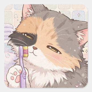 Sticker Carré Chat calico anime avec brosse à dents