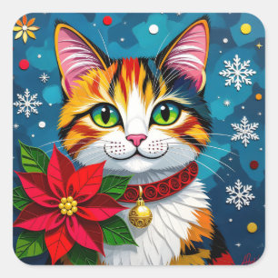 Sticker Carré Chat calicot, poinsettias et flocons de Noël