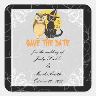 Sticker Carré Chat & Chouette Halloween Mariage Enregistrer La D