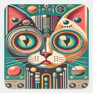 Sticker Carré Chat Circuit Rétro Futuriste Milieu de Siècle
