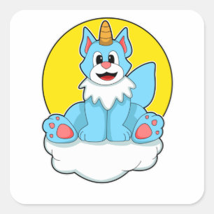 Sticker Carré Chat comme licorne sur nuages et soleil