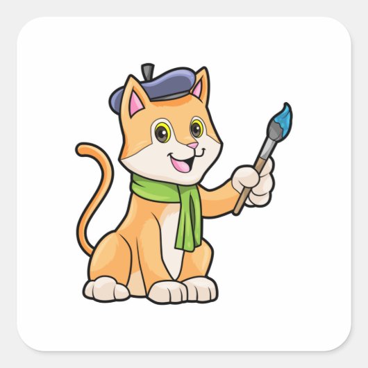 Sticker Carré Chat comme Peintre avec pinceau et écusson (Devant)
