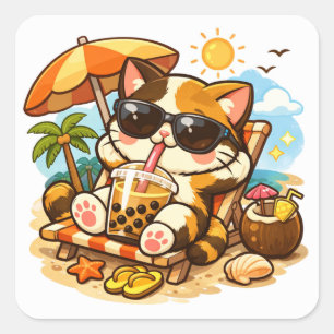 Sticker Carré Chat Cool sur une Chaise de Plage Vibe d'Été pou