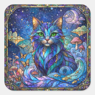 Sticker Carré Chat Cosmique Vitrail Surréaliste Yeux Bleus Verts
