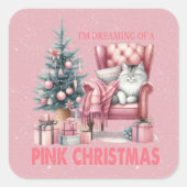 Sticker Carré Chat couché Je rêve d'un Noël rose (Devant)