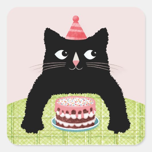 Sticker Carré Chat d'anniversaire avec gâteau d'anniversaire et (Devant)