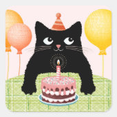 Sticker Carré Chat d'anniversaire avec gâteau et ballons (Devant)