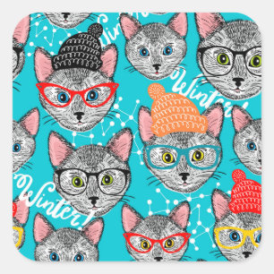 Sticker Carré Chat dans le casquette