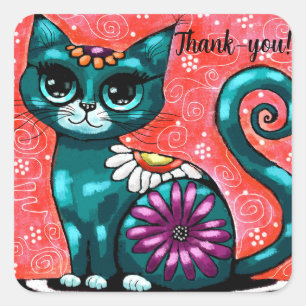 Sticker Carré Chat de chaton Whimsical assis sur le tapis Floral