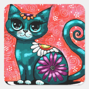 Sticker Carré Chat de chaton Whimsical assis sur le tapis Floral