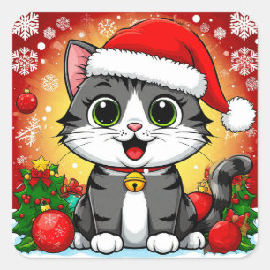 Sticker Carré Chat de dessin animé avec chapeau de Père Noël et 