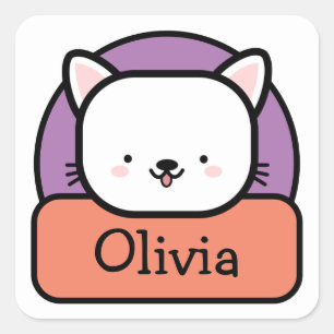 Sticker Carré Chat de dessin animé blanc mignon personnalisé