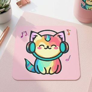 Sticker Carré Chat de dessin animé kawaii souriant avec casque