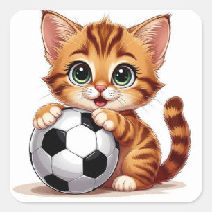 Sticker Carré Chat de dessin animé mignon tenant un ballon de fo