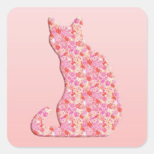 Sticker Carré Chat de fleurs - corail orange et rose