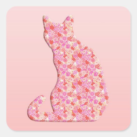 Sticker Carré Chat de fleurs - corail orange et rose (Devant)