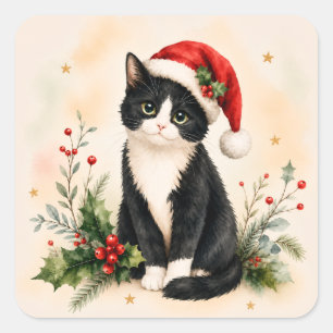 Sticker Carré Chat de Noël en smoking avec un chapeau de Père No