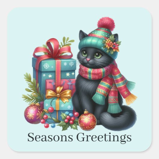Sticker Carré Chat de Noël Joyeuses Fêtes ajouter du texte (Devant)