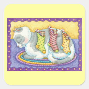 Sticker Carré Chat de Noël mignon dormant avec des souris dans l