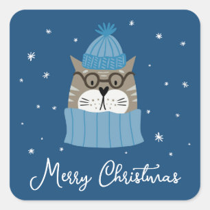 Sticker Carré Chat de Noël mignon en Knits douillets Snowflakes