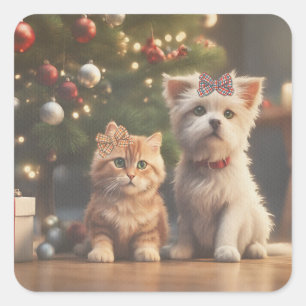 Sticker Carré Chat de Noël mignon et cadeaux d'Amoureux de les c