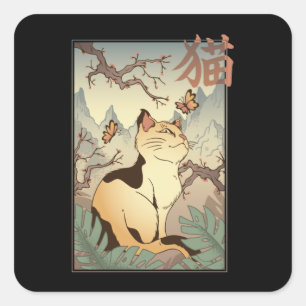 Sticker Carré Chat de style japonais