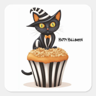 Sticker Carré Chat d'Halloween avec muffin