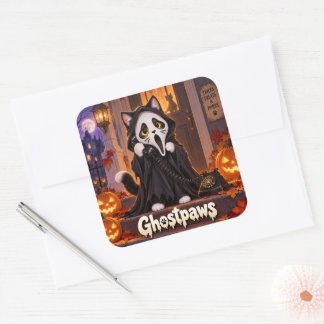 Sticker Carré Chat d'Halloween mignon Ghost Paws