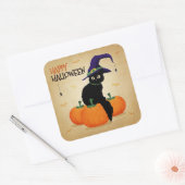 Sticker Carré Chat d'Halloween vintage et Citrouilles | Autocoll (Enveloppe)