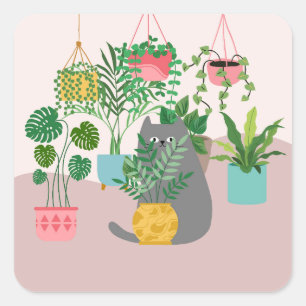 Sticker Carré Chat Drôle Entre Les Plantes