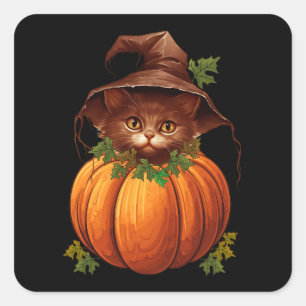 STICKER CARRÉ CHAT DRÔLE MIGNON CITROUILLE