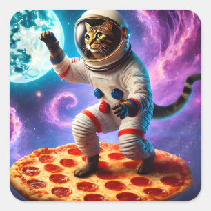 Sticker Carré Chat Drôle Voler Une Pizza Astronaut Kitty Space