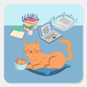 Sticker Carré Chat écrivain paresseux