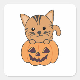 Sticker Carré Chat En Chats Citrouilles Halloween