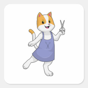 Sticker Carré Chat en coiffeur avec ciseaux