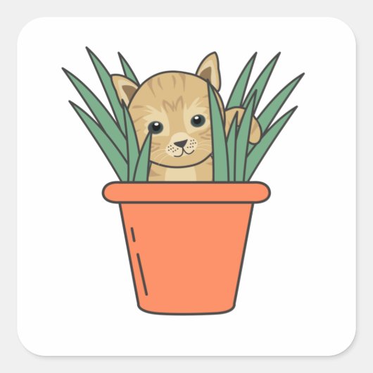 Sticker Carré Chat En Pot Fleur Drôle Kitten En Plante (Devant)