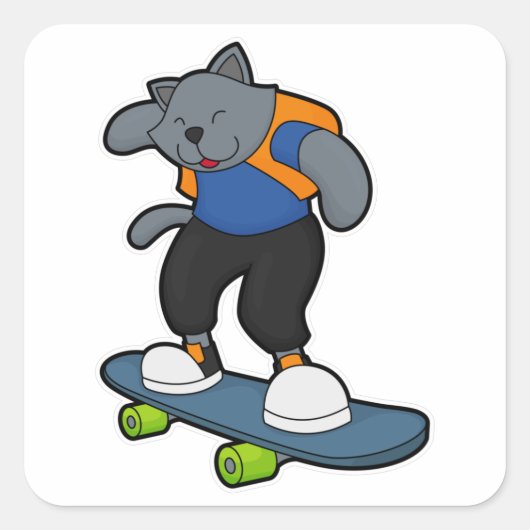Sticker Carré Chat en Skateboard avec Skateboard (Devant)
