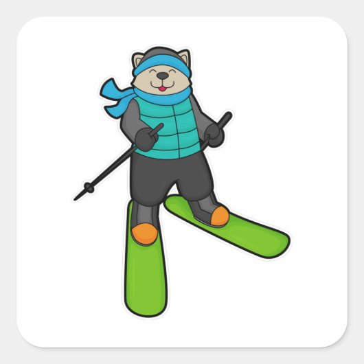 Sticker Carré Chat en Skier avec Ski (Devant)