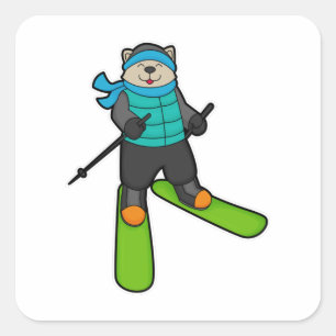 Sticker Carré Chat en Skier avec Ski