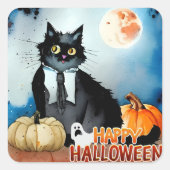 Sticker Carré Chat en smoking noir et citrouilles  (Devant)
